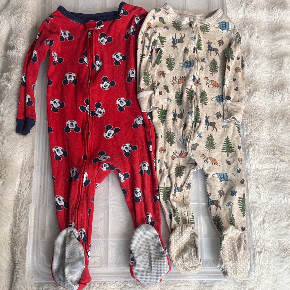 Disney Mickey Mouse and Old Navy Beige Forest Cotton Kids Footies PJ Set 18-24m.